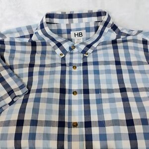HB Mens 3XLT Blue White Plaid Short Sleeve Button Shirt Classic Big & Tall E